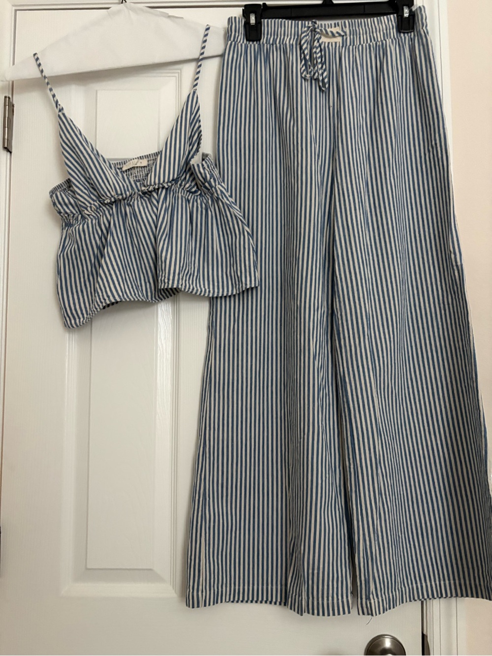 ILLA ILLA Blue and White Striped Wide-Leg Pants and babydoll crop top.